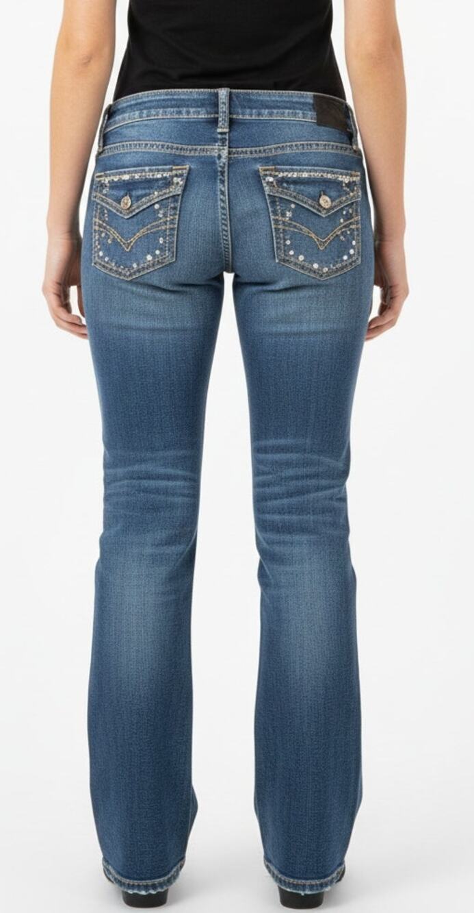 Silver Suki Mid Rise Slim Bootcut Embellished Pockets Cotton Stretch, Women 31